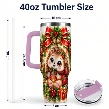 #pl[40oz|Pink] Cute Christmas Hedgehog 40oz Tumbler with Handle, Watercolor Animal Art