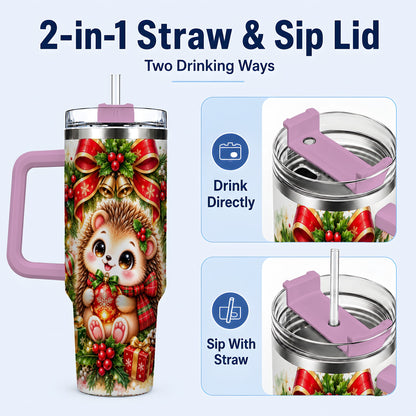 #pl[40oz|Pink] Cute Christmas Hedgehog 40oz Tumbler with Handle, Watercolor Animal Art