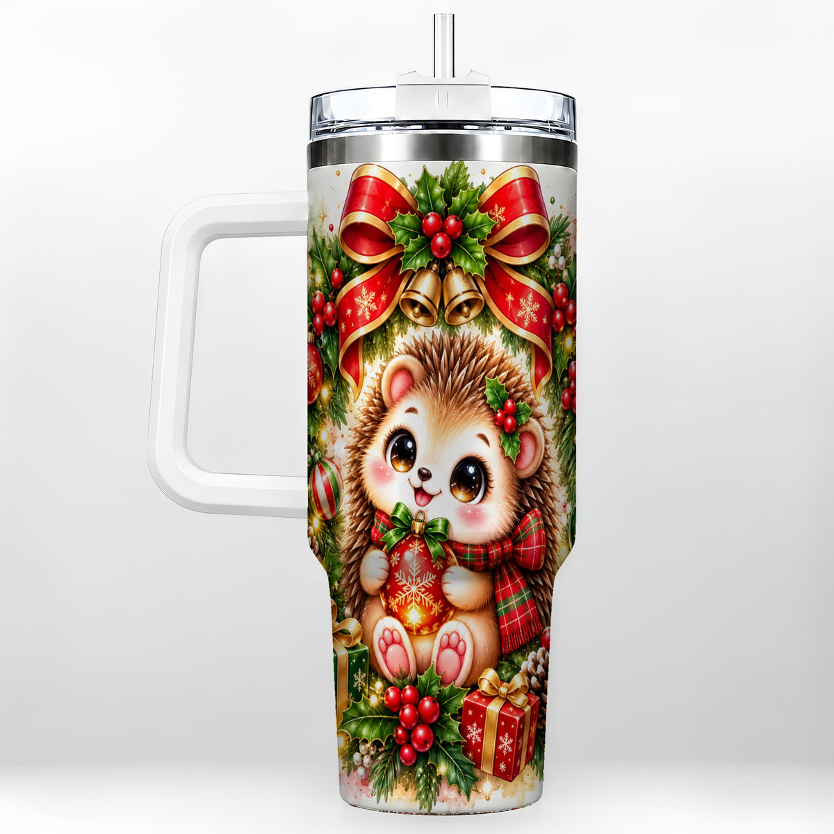 Cute Christmas Hedgehog 40oz Tumbler with Handle, Watercolor Animal Art