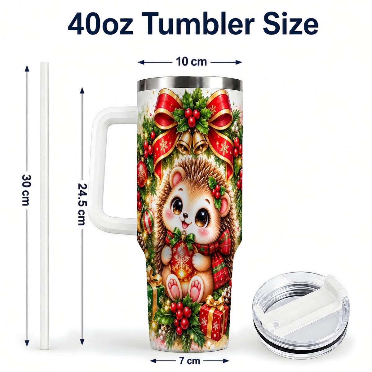 #pl[40oz|White] Cute Christmas Hedgehog 40oz Tumbler with Handle, Watercolor Animal Art
