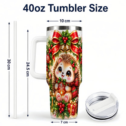 #pl[40oz|White] Cute Christmas Hedgehog 40oz Tumbler with Handle, Watercolor Animal Art