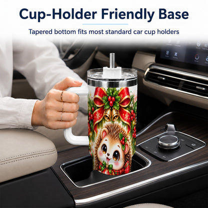 Cute Christmas Hedgehog 40oz Tumbler with Handle, Watercolor Animal Art