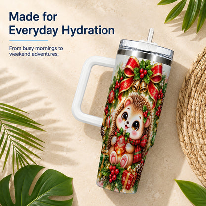 Cute Christmas Hedgehog 40oz Tumbler with Handle, Watercolor Animal Art