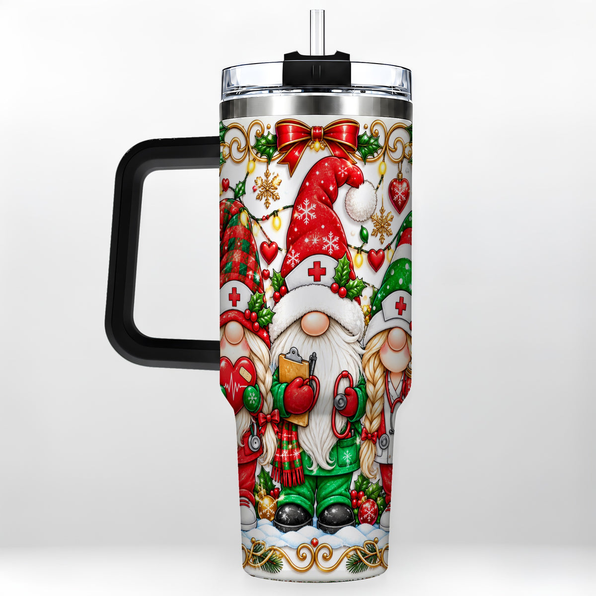 #pl[40oz|Black] Christmas Nurse Gnomes 40oz Tumbler with Handle, Holiday Healthcare Art