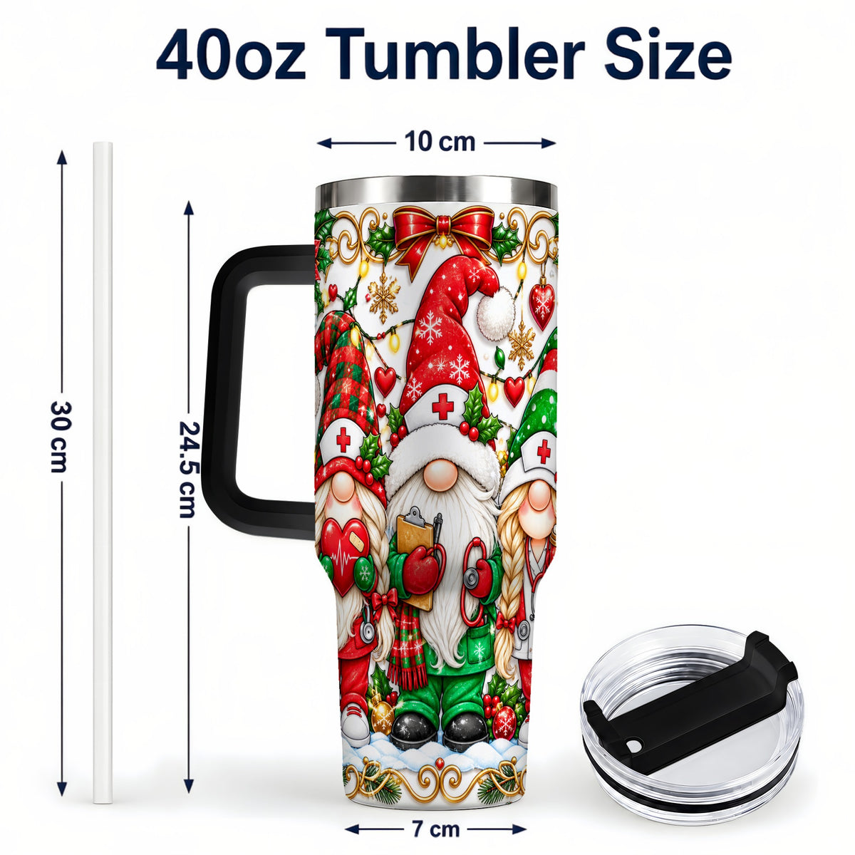 #pl[40oz|Black] Christmas Nurse Gnomes 40oz Tumbler with Handle, Holiday Healthcare Art