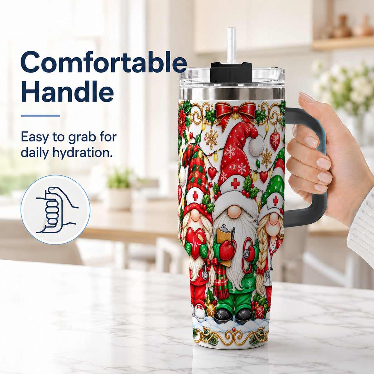 #pl[40oz|Black] Christmas Nurse Gnomes 40oz Tumbler with Handle, Holiday Healthcare Art