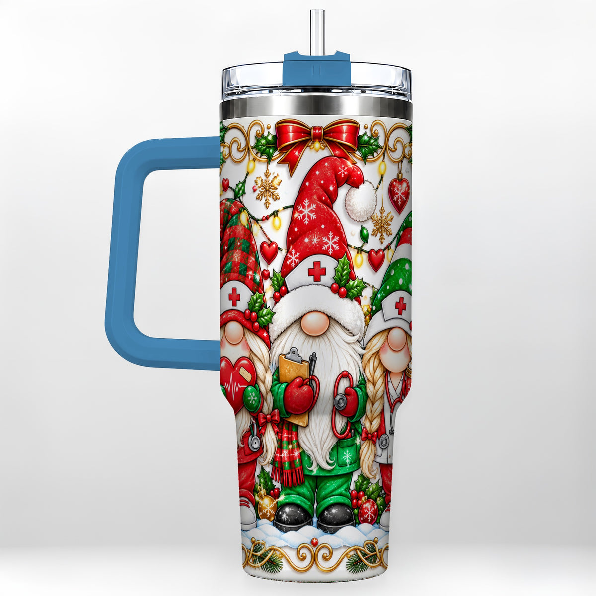 #pl[40oz|Blue] Christmas Nurse Gnomes 40oz Tumbler with Handle, Holiday Healthcare Art