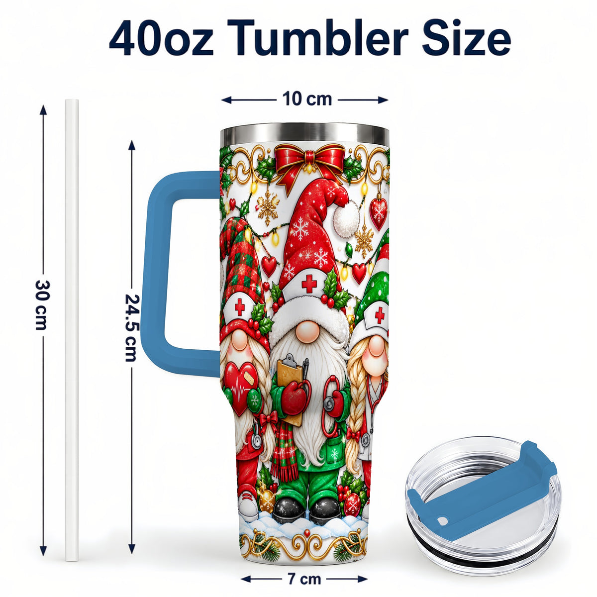 #pl[40oz|Blue] Christmas Nurse Gnomes 40oz Tumbler with Handle, Holiday Healthcare Art