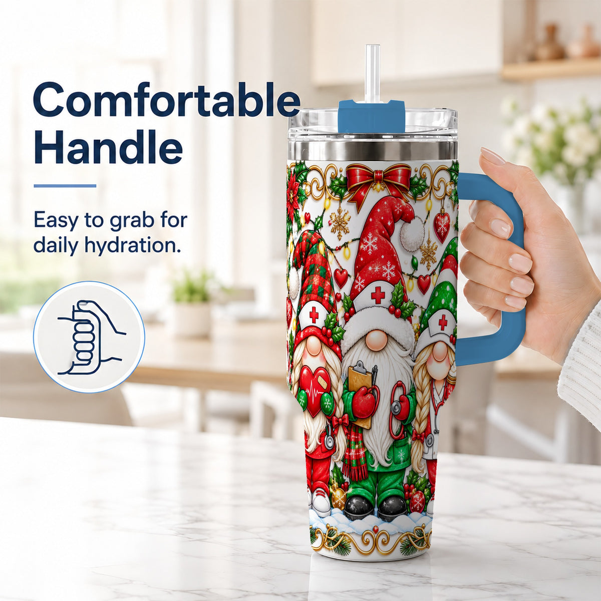 #pl[40oz|Blue] Christmas Nurse Gnomes 40oz Tumbler with Handle, Holiday Healthcare Art