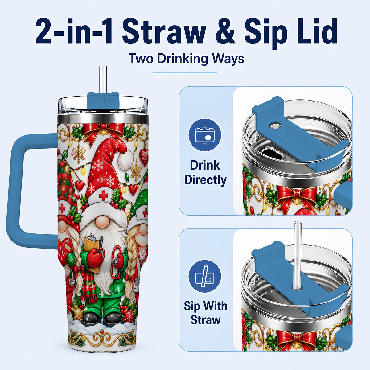#pl[40oz|Blue] Christmas Nurse Gnomes 40oz Tumbler with Handle, Holiday Healthcare Art