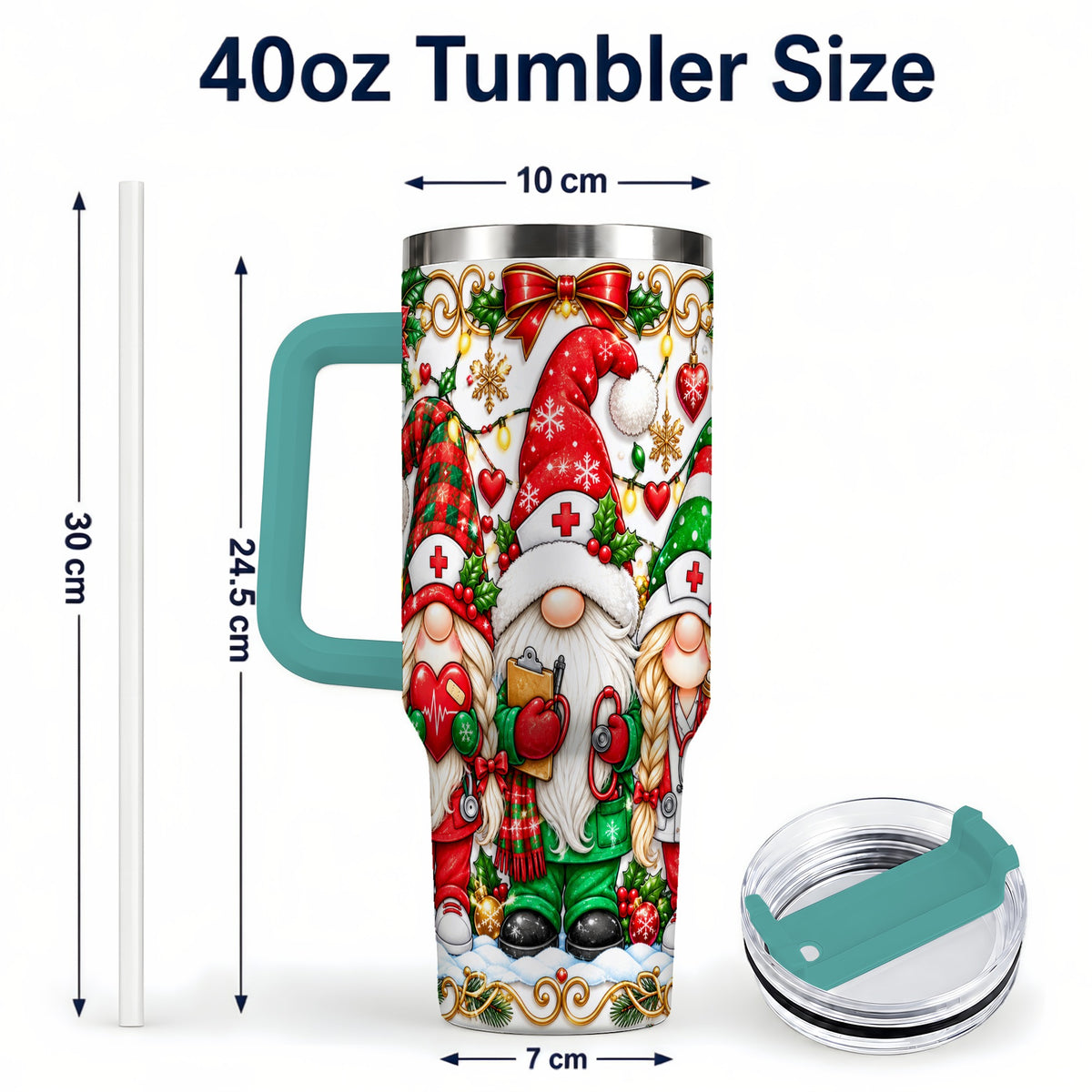 #pl[40oz|Green] Christmas Nurse Gnomes 40oz Tumbler with Handle, Holiday Healthcare Art