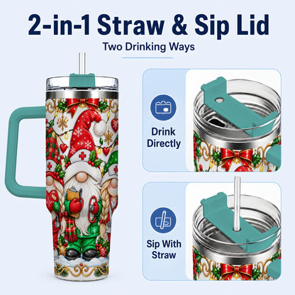 #pl[40oz|Green] Christmas Nurse Gnomes 40oz Tumbler with Handle, Holiday Healthcare Art