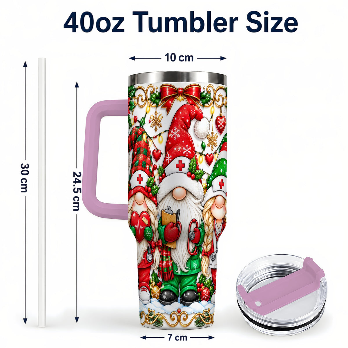 #pl[40oz|Pink] Christmas Nurse Gnomes 40oz Tumbler with Handle, Holiday Healthcare Art