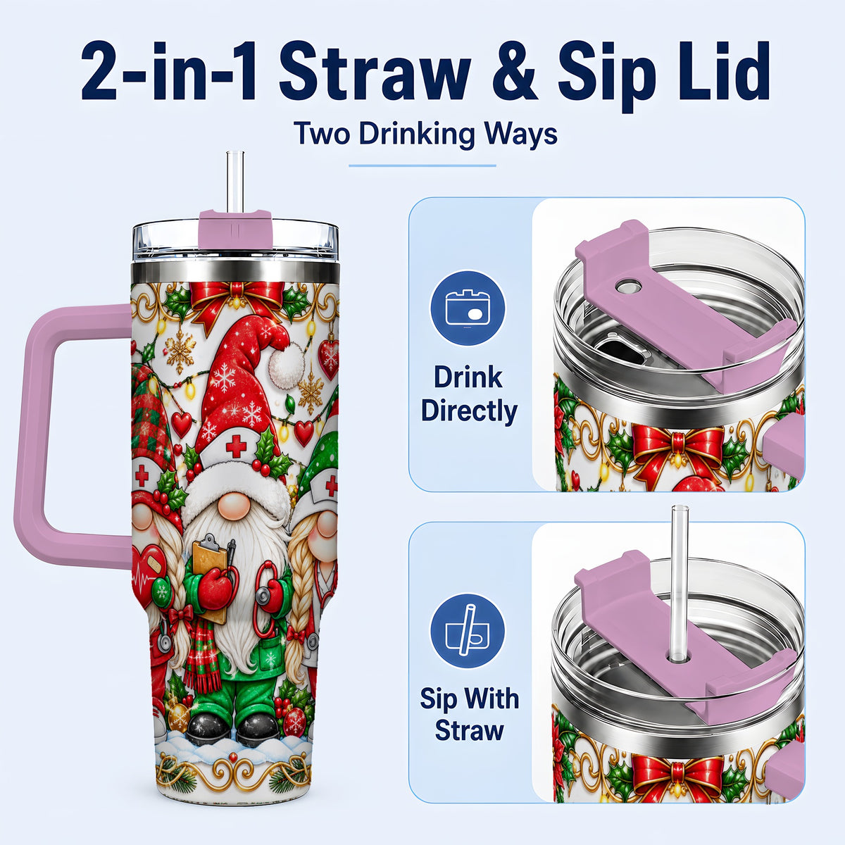#pl[40oz|Pink] Christmas Nurse Gnomes 40oz Tumbler with Handle, Holiday Healthcare Art