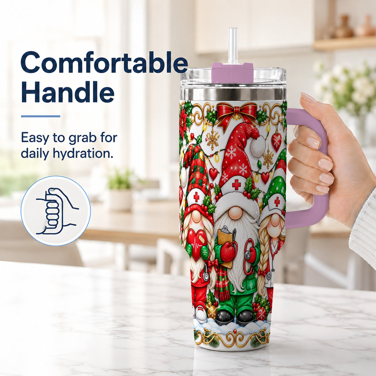 #pl[40oz|Pink] Christmas Nurse Gnomes 40oz Tumbler with Handle, Holiday Healthcare Art