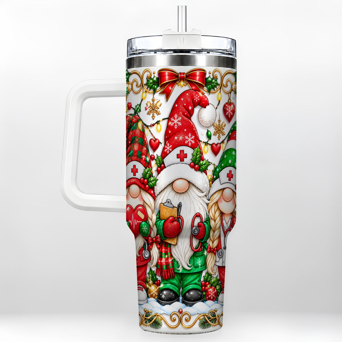 Christmas Nurse Gnomes 40oz Tumbler with Handle, Holiday Healthcare Art