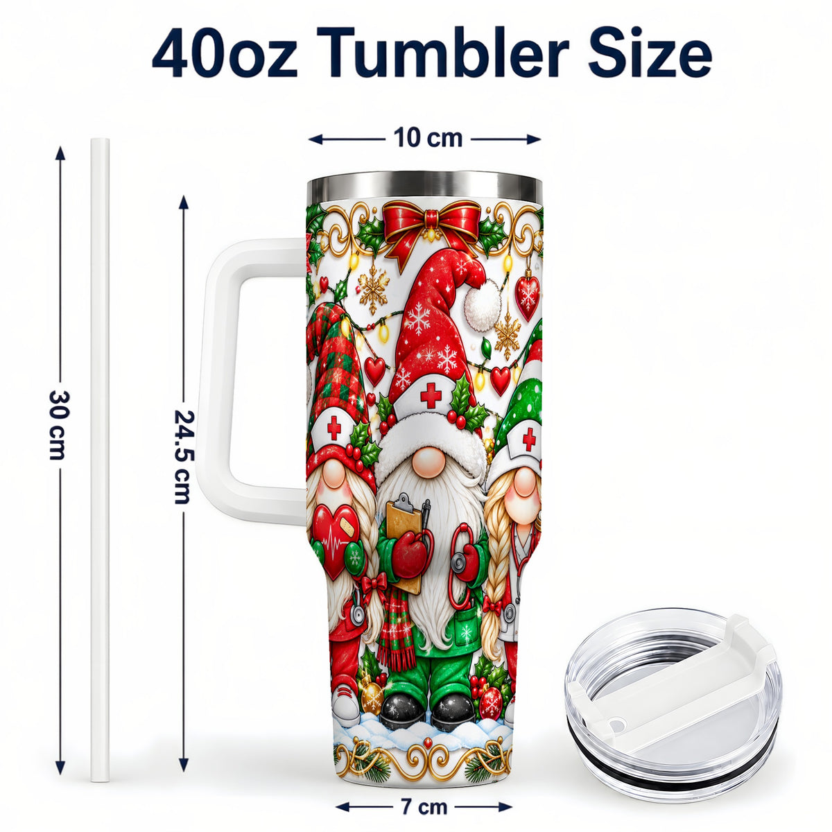#pl[40oz|White] Christmas Nurse Gnomes 40oz Tumbler with Handle, Holiday Healthcare Art