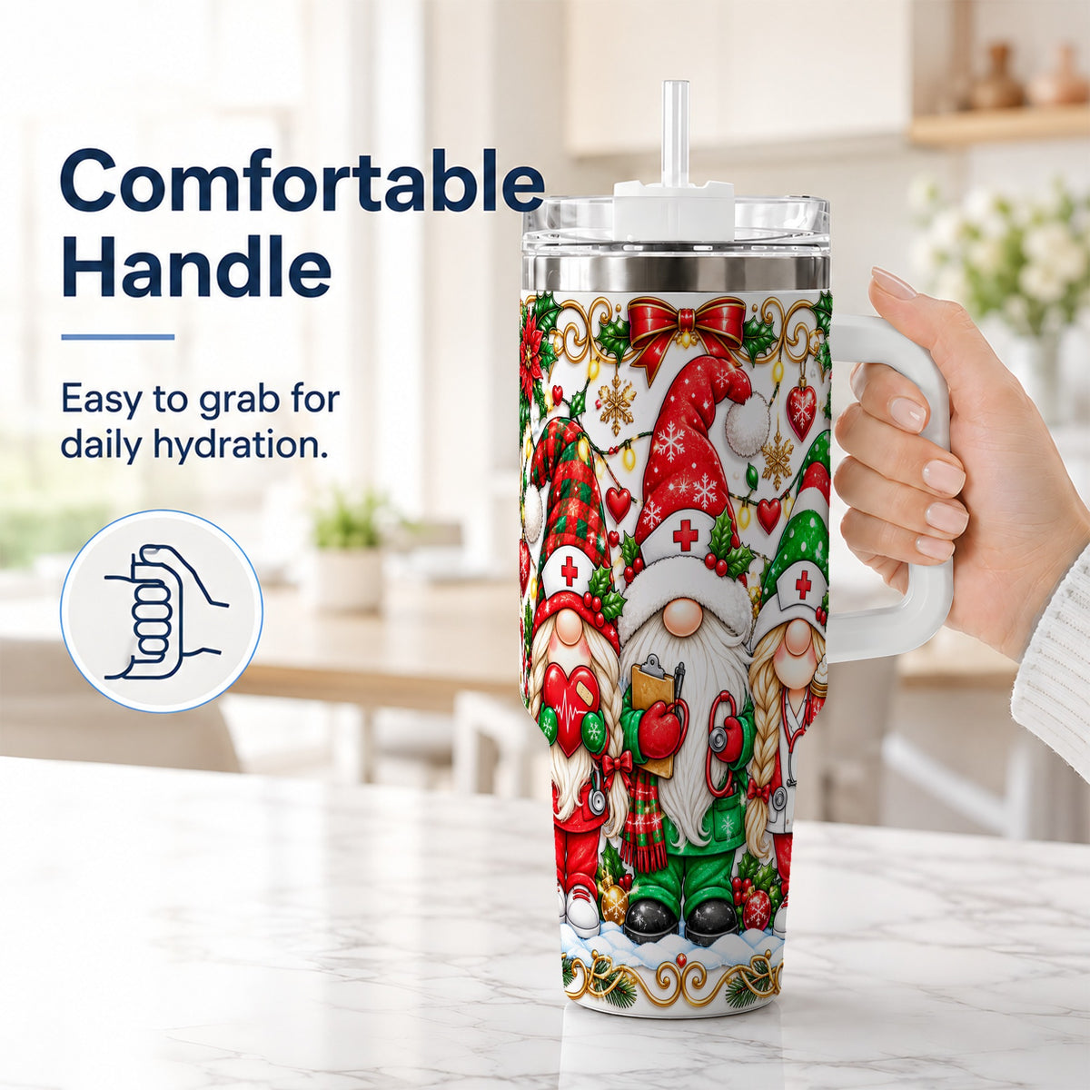 #pl[40oz|White] Christmas Nurse Gnomes 40oz Tumbler with Handle, Holiday Healthcare Art
