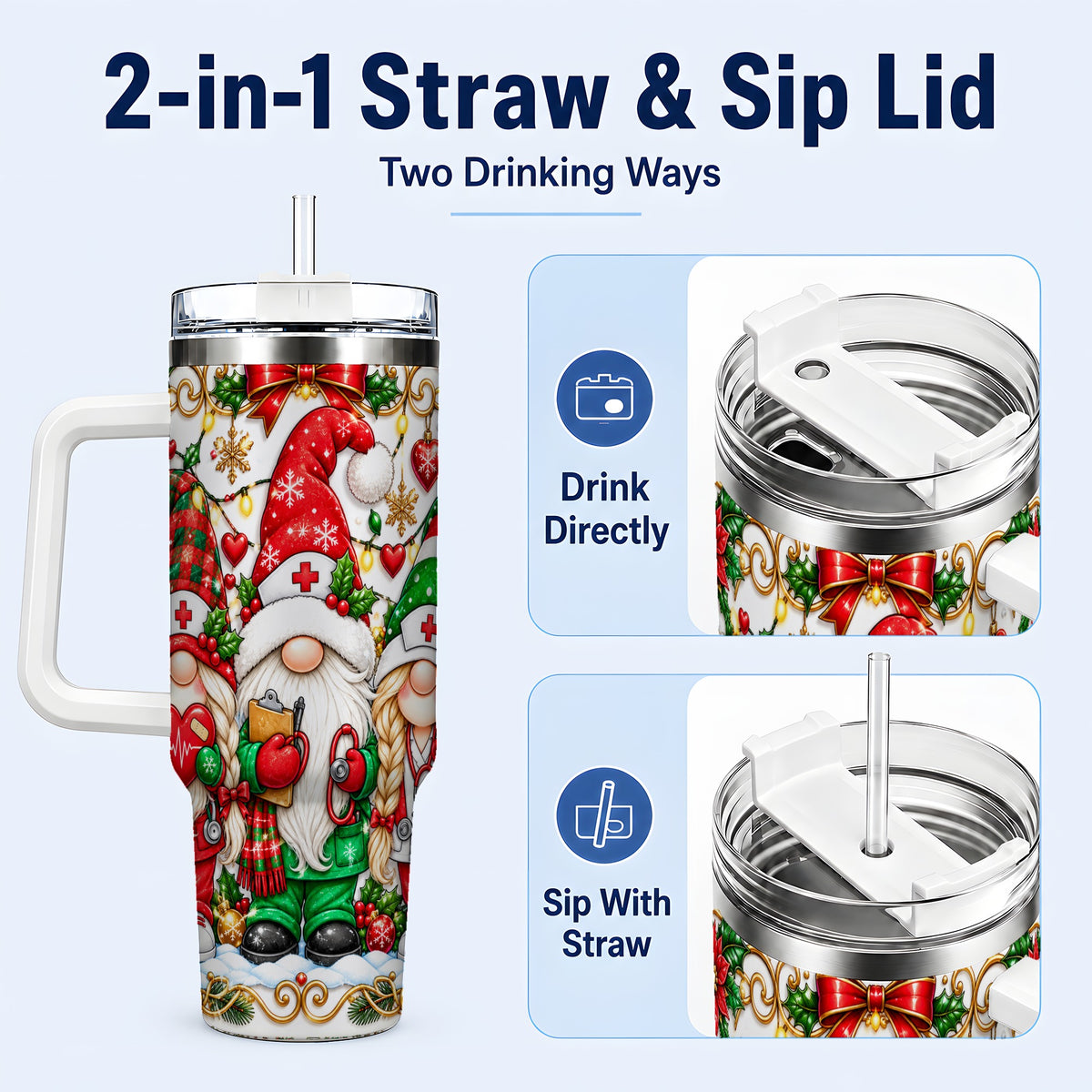 #pl[40oz|White] Christmas Nurse Gnomes 40oz Tumbler with Handle, Holiday Healthcare Art