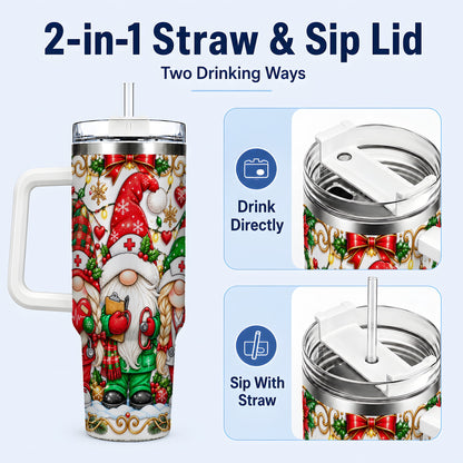 #pl[40oz|White] Christmas Nurse Gnomes 40oz Tumbler with Handle, Holiday Healthcare Art