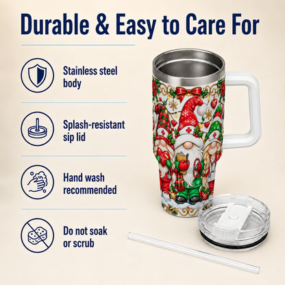 Christmas Nurse Gnomes 40oz Tumbler with Handle, Holiday Healthcare Art
