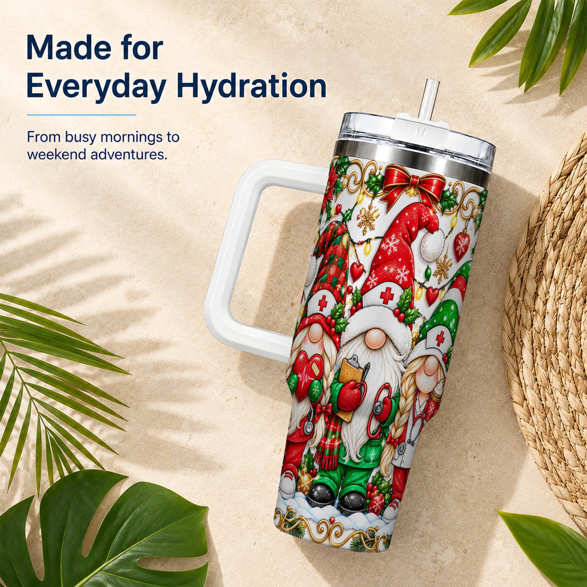 Christmas Nurse Gnomes 40oz Tumbler with Handle, Holiday Healthcare Art