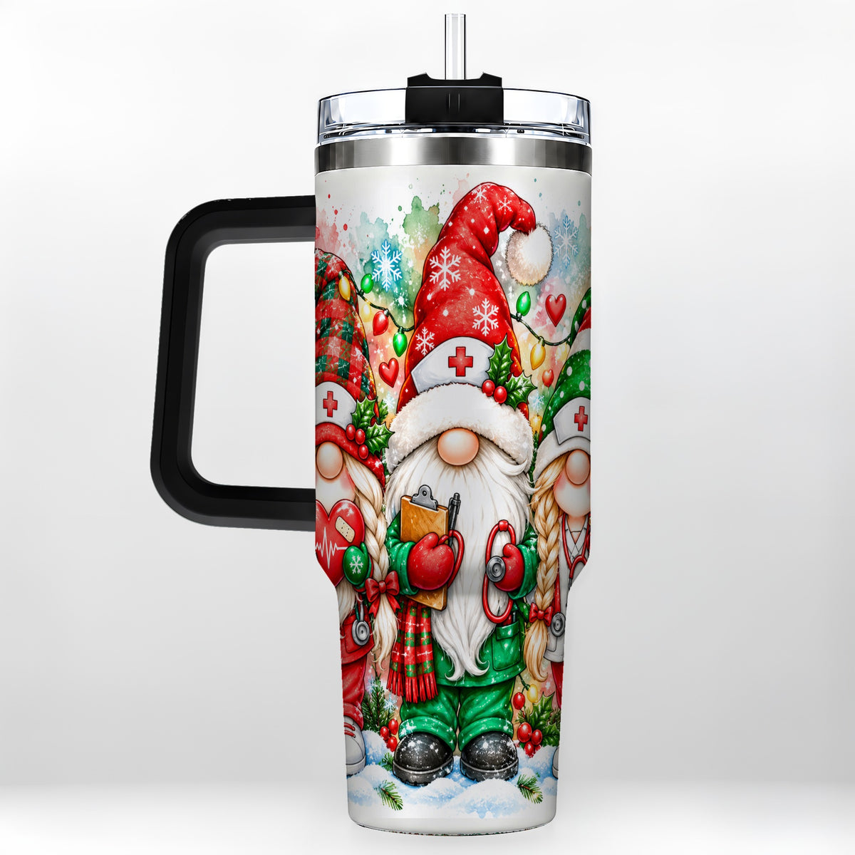 #pl[40oz|Black] Christmas Nurse Gnomes 40oz Tumbler with Handle, Watercolor Holiday Art