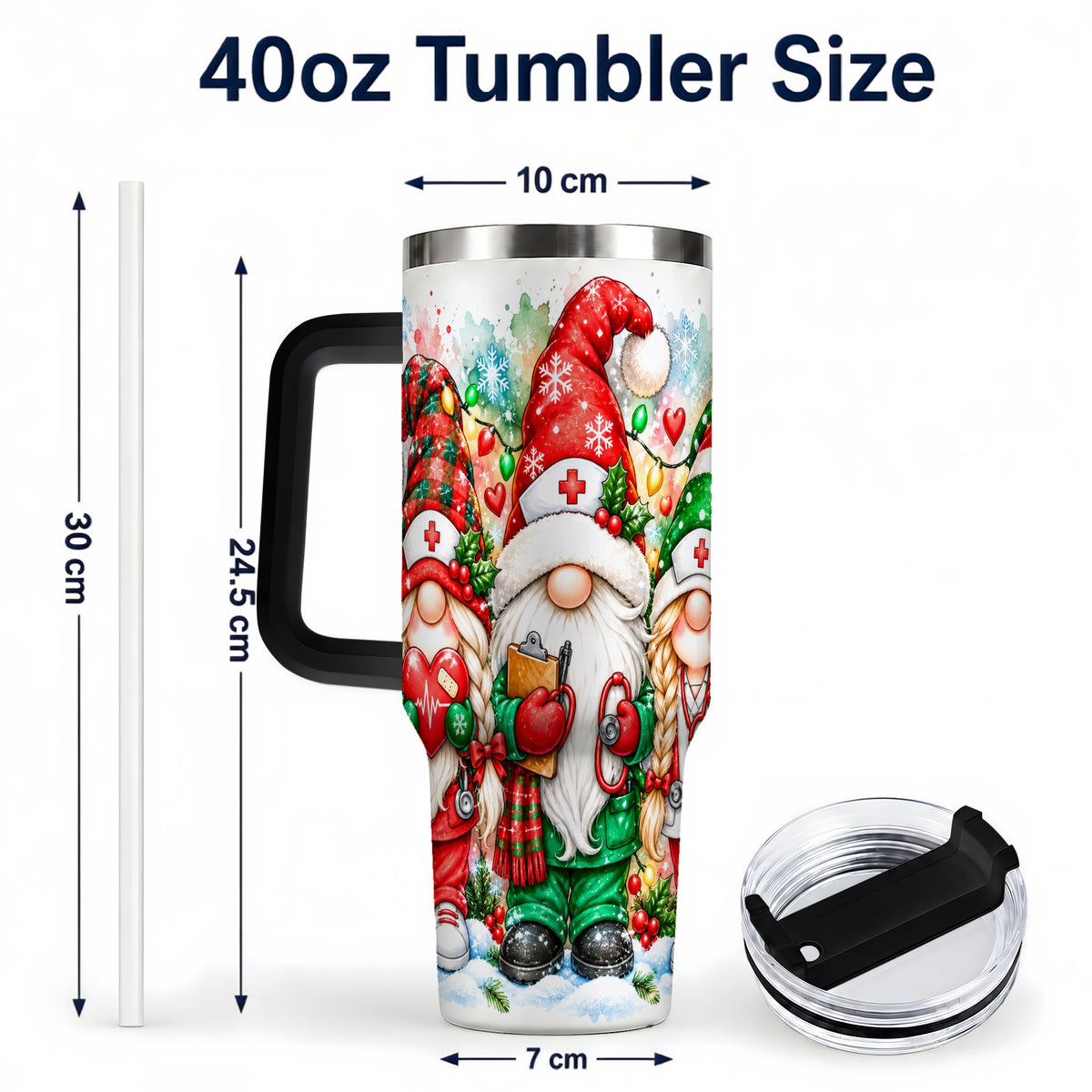 #pl[40oz|Black] Christmas Nurse Gnomes 40oz Tumbler with Handle, Watercolor Holiday Art