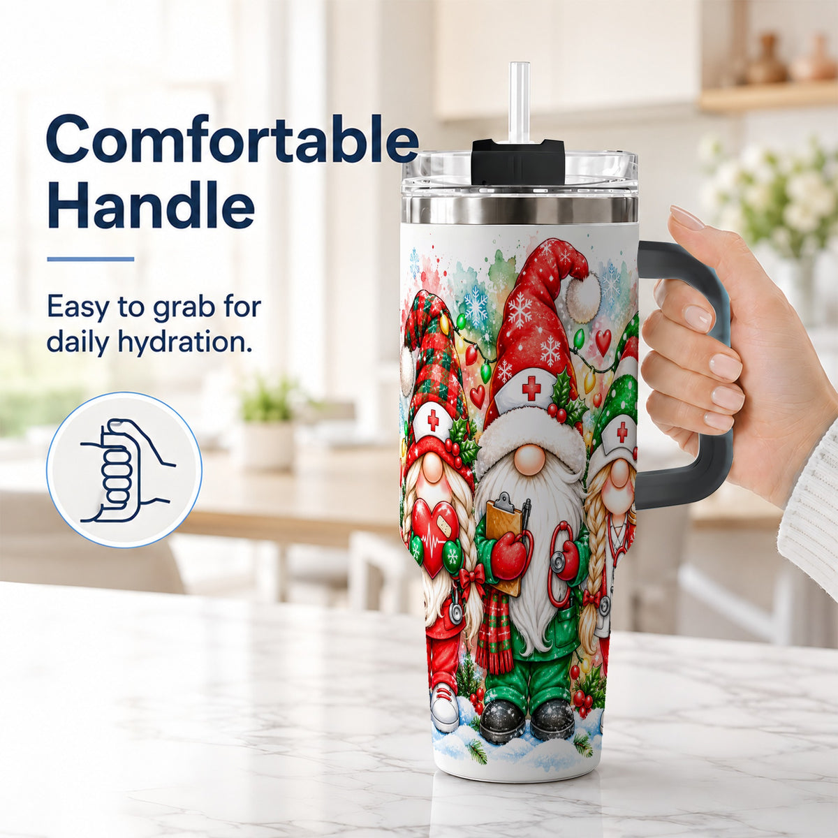 #pl[40oz|Black] Christmas Nurse Gnomes 40oz Tumbler with Handle, Watercolor Holiday Art