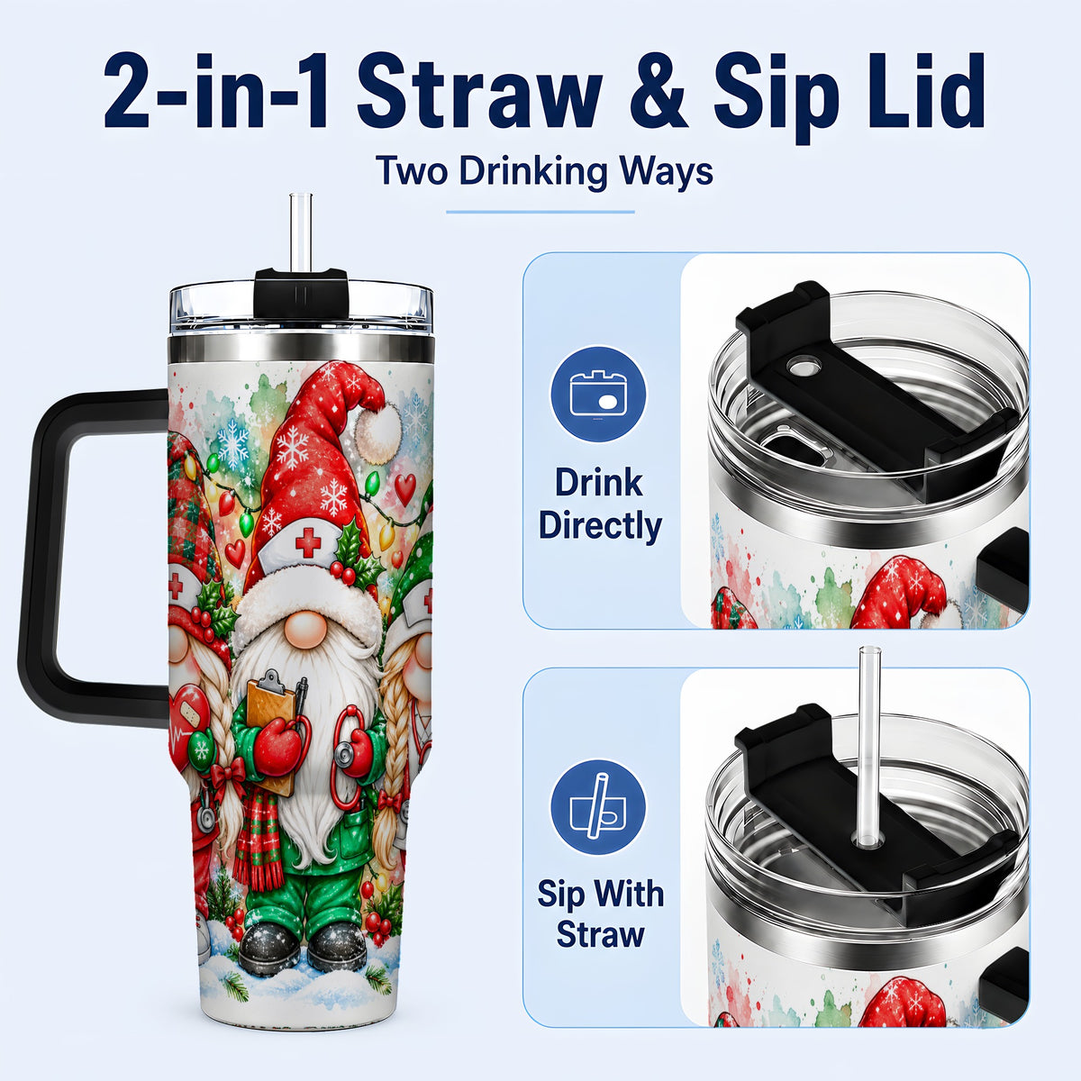 #pl[40oz|Black] Christmas Nurse Gnomes 40oz Tumbler with Handle, Watercolor Holiday Art