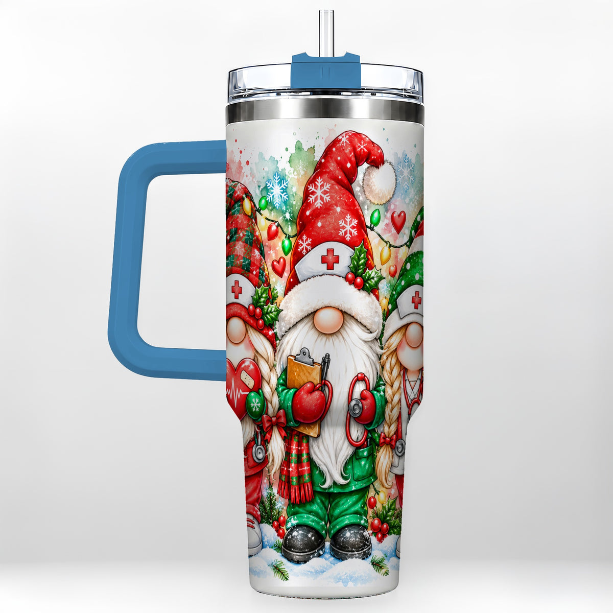 #pl[40oz|Blue] Christmas Nurse Gnomes 40oz Tumbler with Handle, Watercolor Holiday Art
