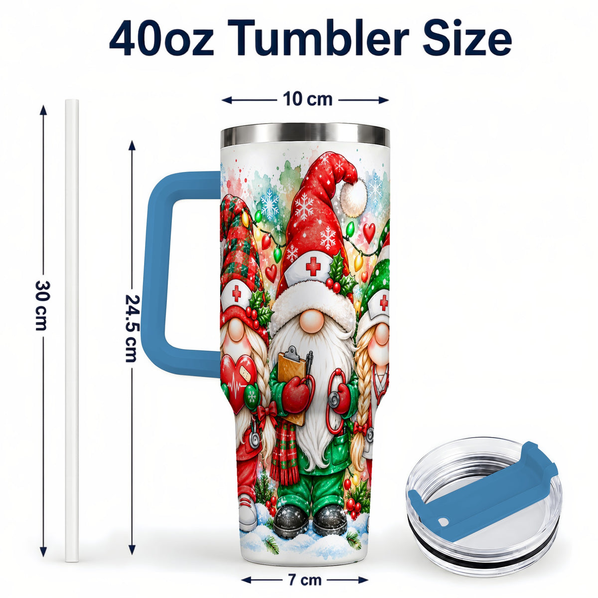 #pl[40oz|Blue] Christmas Nurse Gnomes 40oz Tumbler with Handle, Watercolor Holiday Art