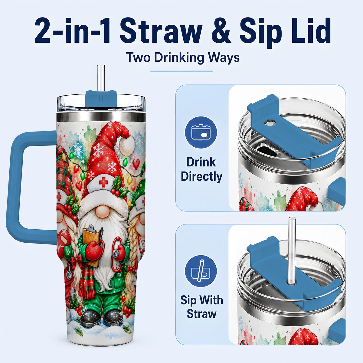 #pl[40oz|Blue] Christmas Nurse Gnomes 40oz Tumbler with Handle, Watercolor Holiday Art