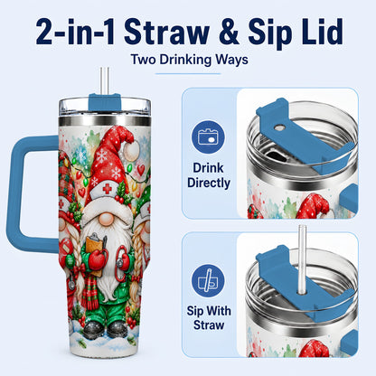 #pl[40oz|Blue] Christmas Nurse Gnomes 40oz Tumbler with Handle, Watercolor Holiday Art