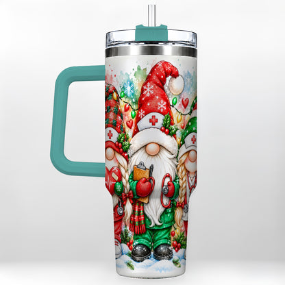 #pl[40oz|Green] Christmas Nurse Gnomes 40oz Tumbler with Handle, Watercolor Holiday Art