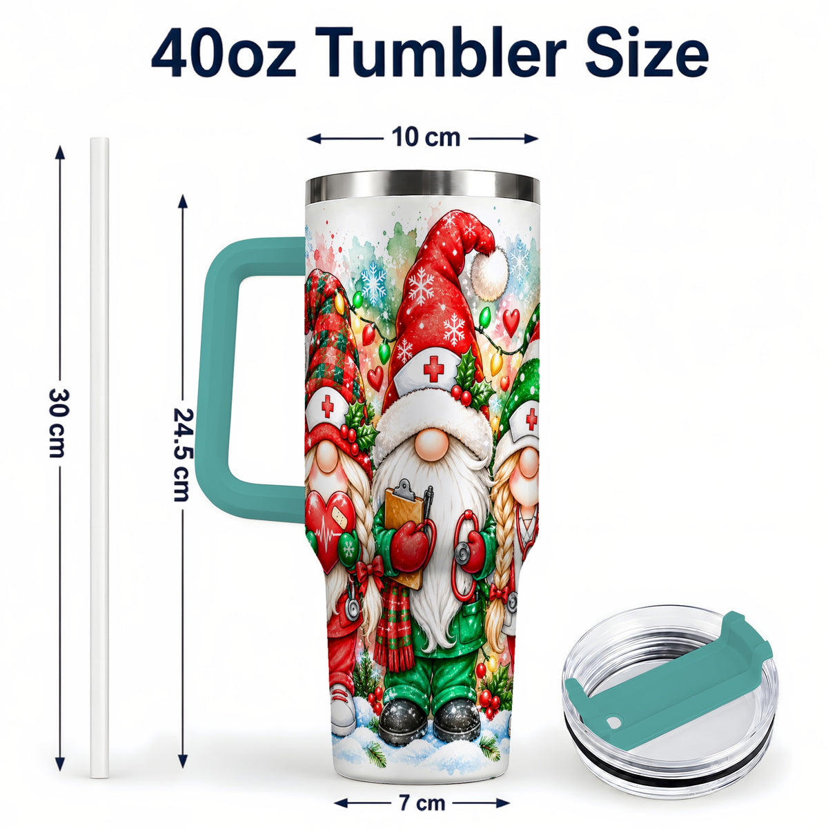 #pl[40oz|Green] Christmas Nurse Gnomes 40oz Tumbler with Handle, Watercolor Holiday Art