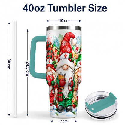 #pl[40oz|Green] Christmas Nurse Gnomes 40oz Tumbler with Handle, Watercolor Holiday Art