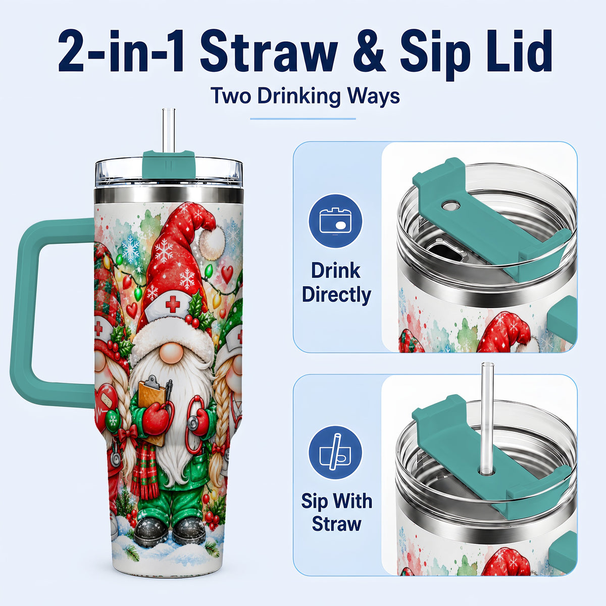 #pl[40oz|Green] Christmas Nurse Gnomes 40oz Tumbler with Handle, Watercolor Holiday Art