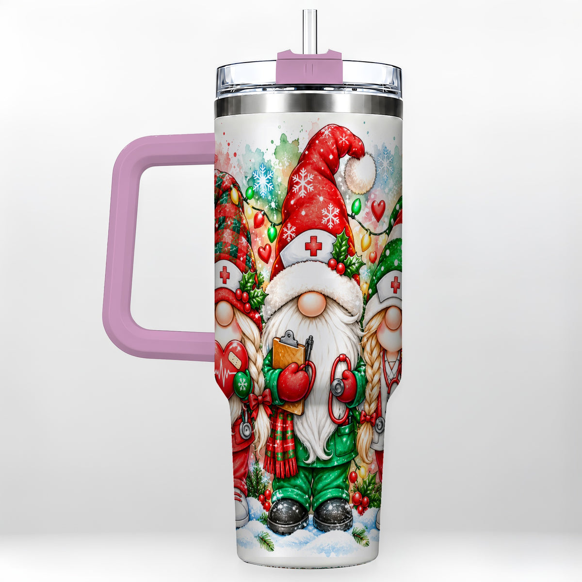 #pl[40oz|Pink] Christmas Nurse Gnomes 40oz Tumbler with Handle, Watercolor Holiday Art