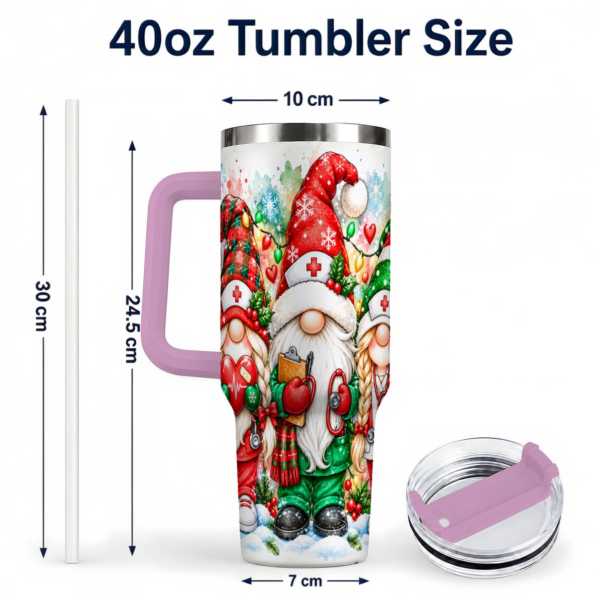 #pl[40oz|Pink] Christmas Nurse Gnomes 40oz Tumbler with Handle, Watercolor Holiday Art