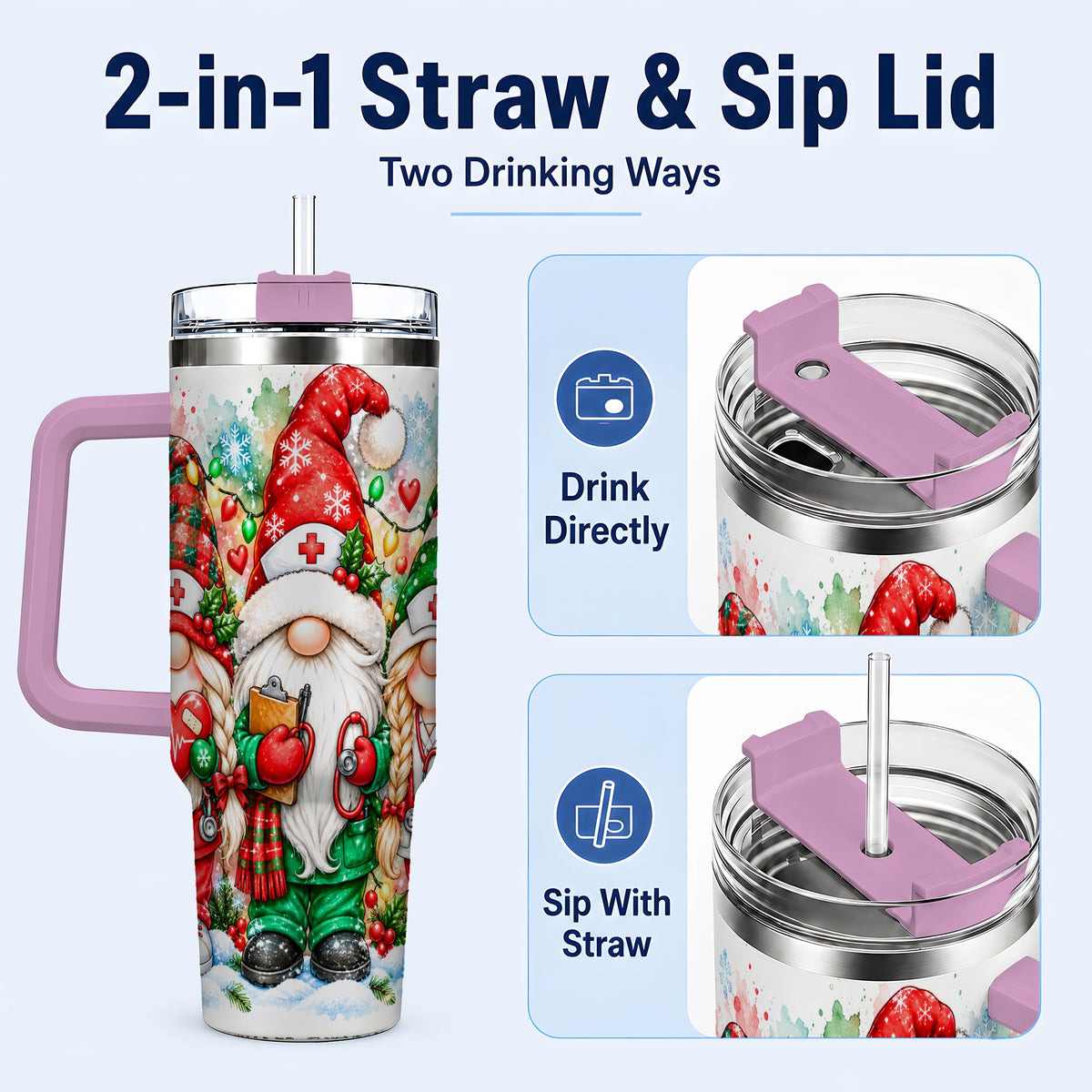 #pl[40oz|Pink] Christmas Nurse Gnomes 40oz Tumbler with Handle, Watercolor Holiday Art