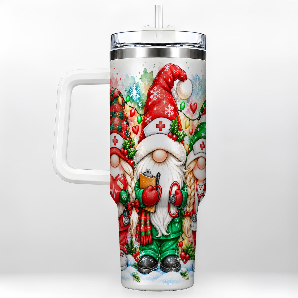 Christmas Nurse Gnomes 40oz Tumbler with Handle, Watercolor Holiday Art