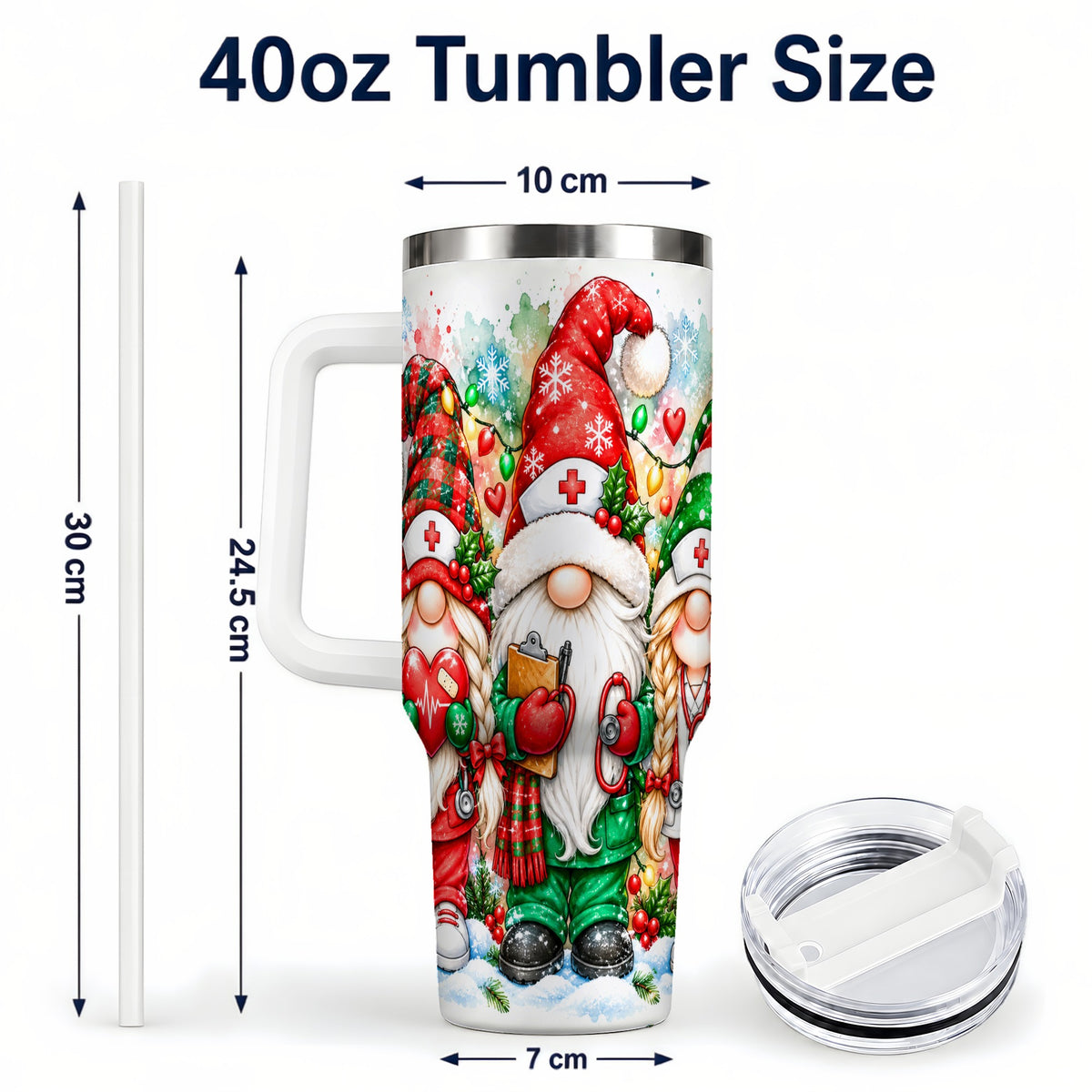 #pl[40oz|White] Christmas Nurse Gnomes 40oz Tumbler with Handle, Watercolor Holiday Art