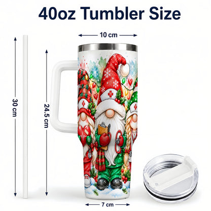 #pl[40oz|White] Christmas Nurse Gnomes 40oz Tumbler with Handle, Watercolor Holiday Art