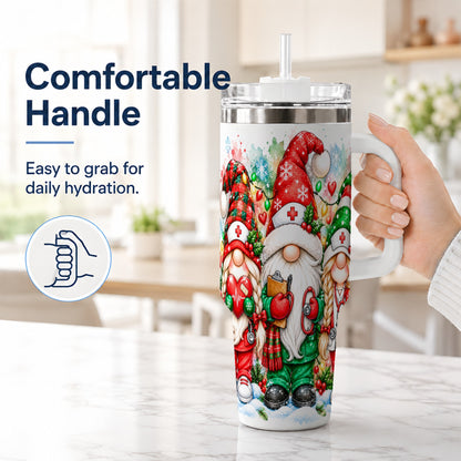 #pl[40oz|White] Christmas Nurse Gnomes 40oz Tumbler with Handle, Watercolor Holiday Art