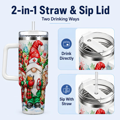 #pl[40oz|White] Christmas Nurse Gnomes 40oz Tumbler with Handle, Watercolor Holiday Art