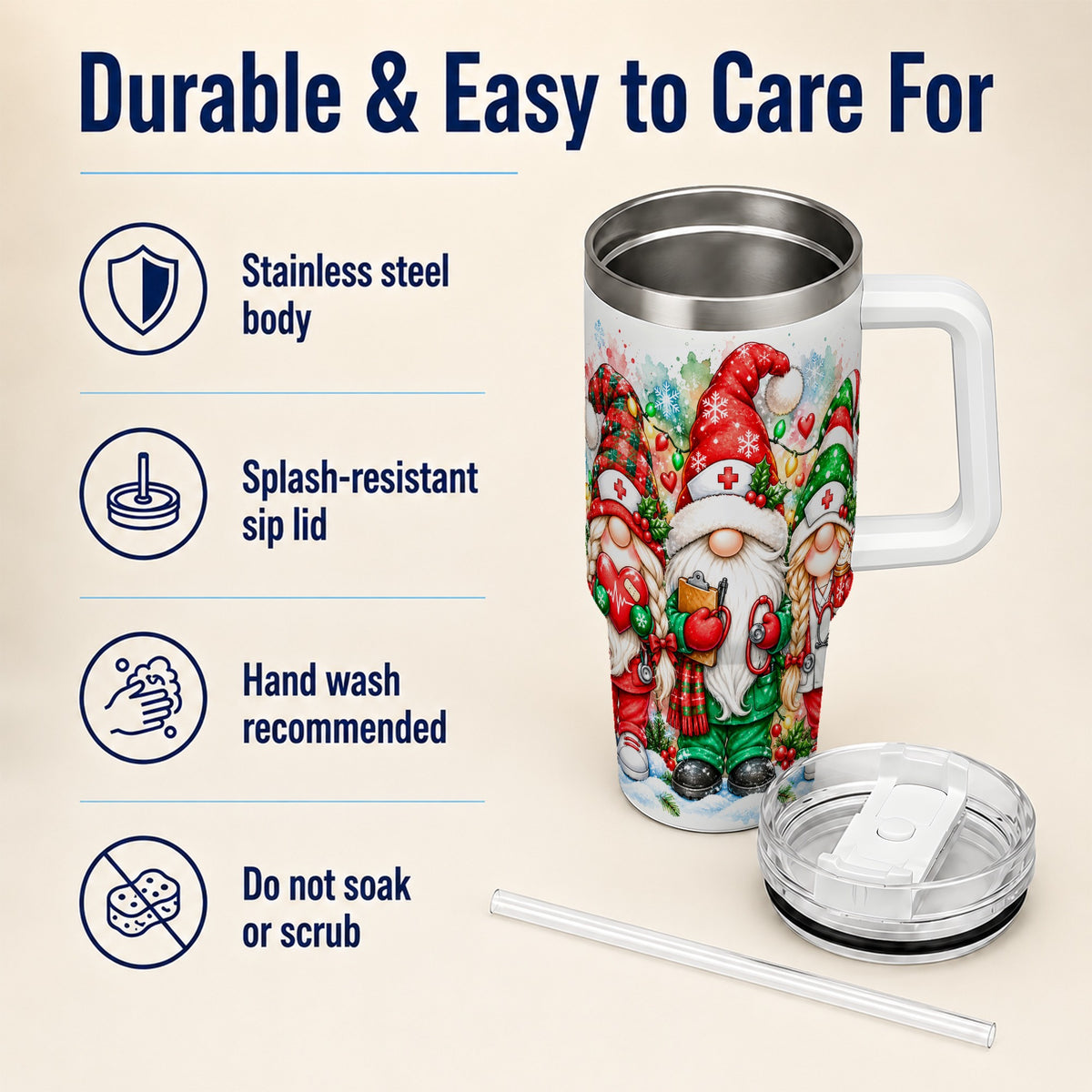 Christmas Nurse Gnomes 40oz Tumbler with Handle, Watercolor Holiday Art