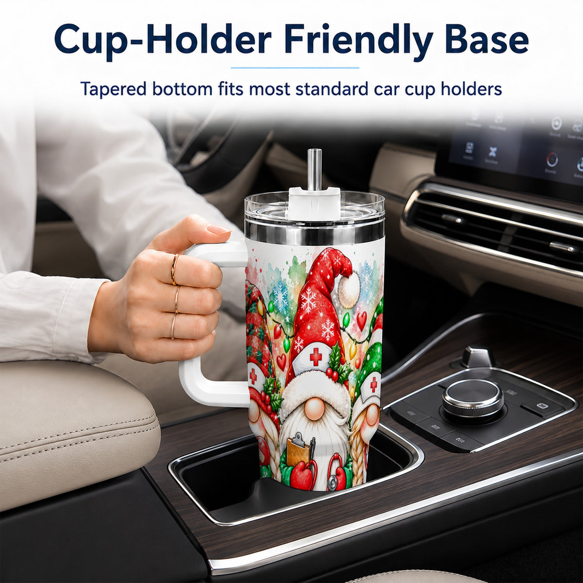 Christmas Nurse Gnomes 40oz Tumbler with Handle, Watercolor Holiday Art