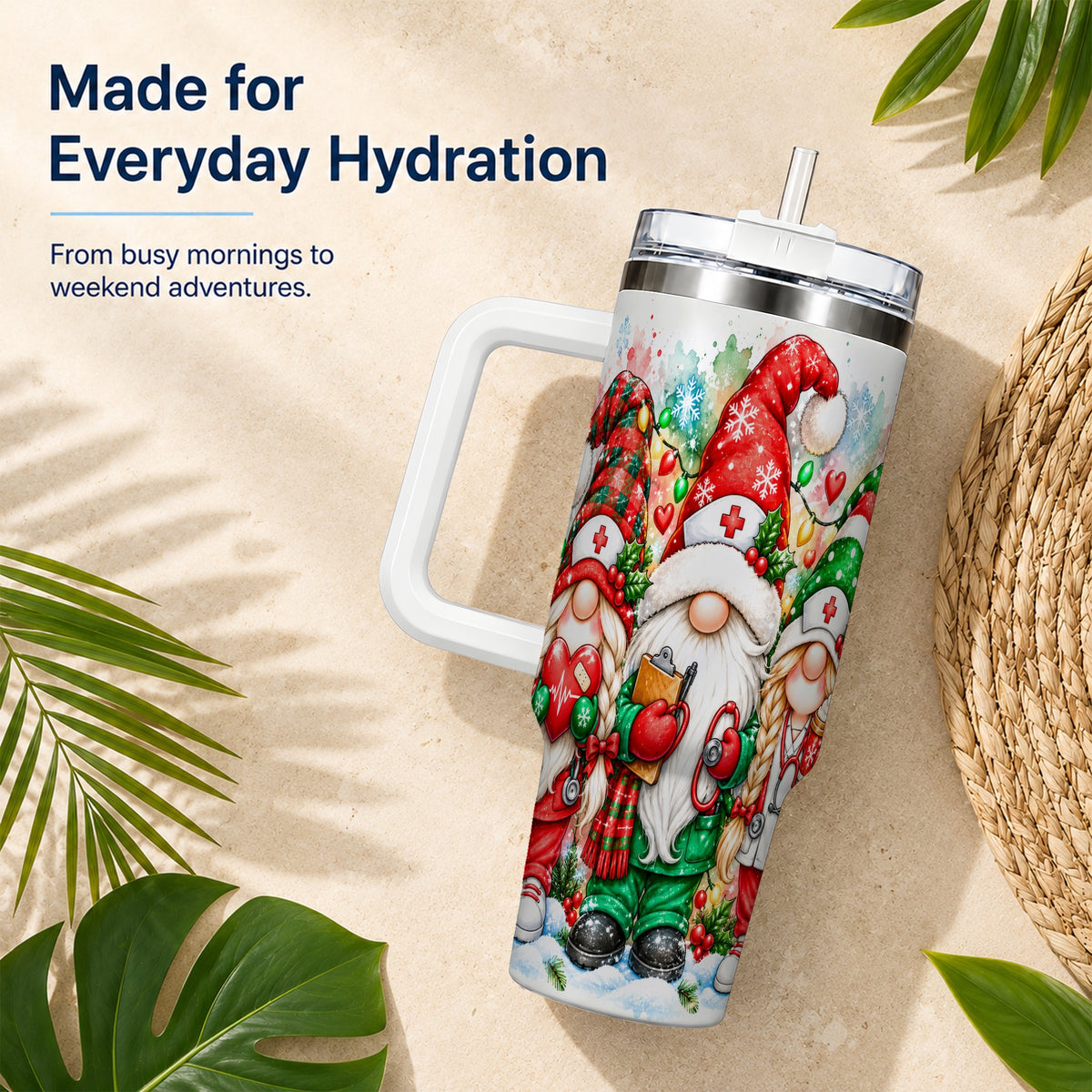 Christmas Nurse Gnomes 40oz Tumbler with Handle, Watercolor Holiday Art