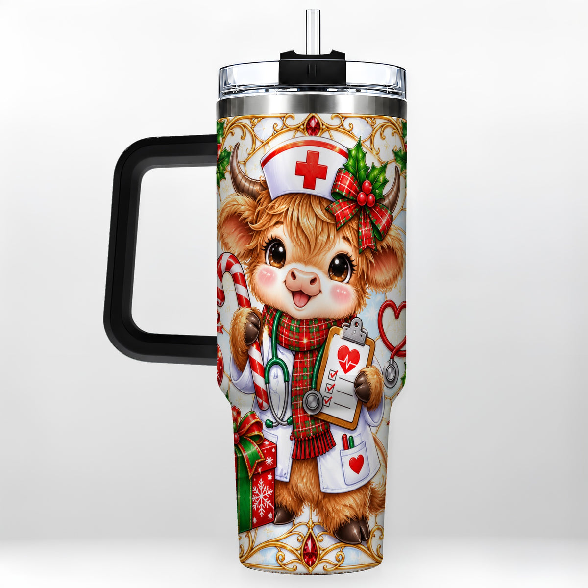 #pl[40oz|Black] Christmas Nurse Highland Cow 40oz Tumbler with Handle, Holiday Cow Art